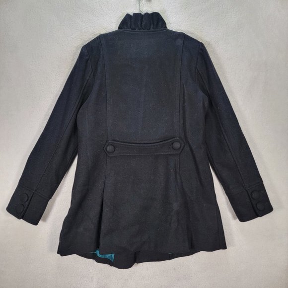 Kimchi Blue Black Wool Ruffled Button High Neck Classic Warm Pea Coat Jacket - Picture 12 of 15